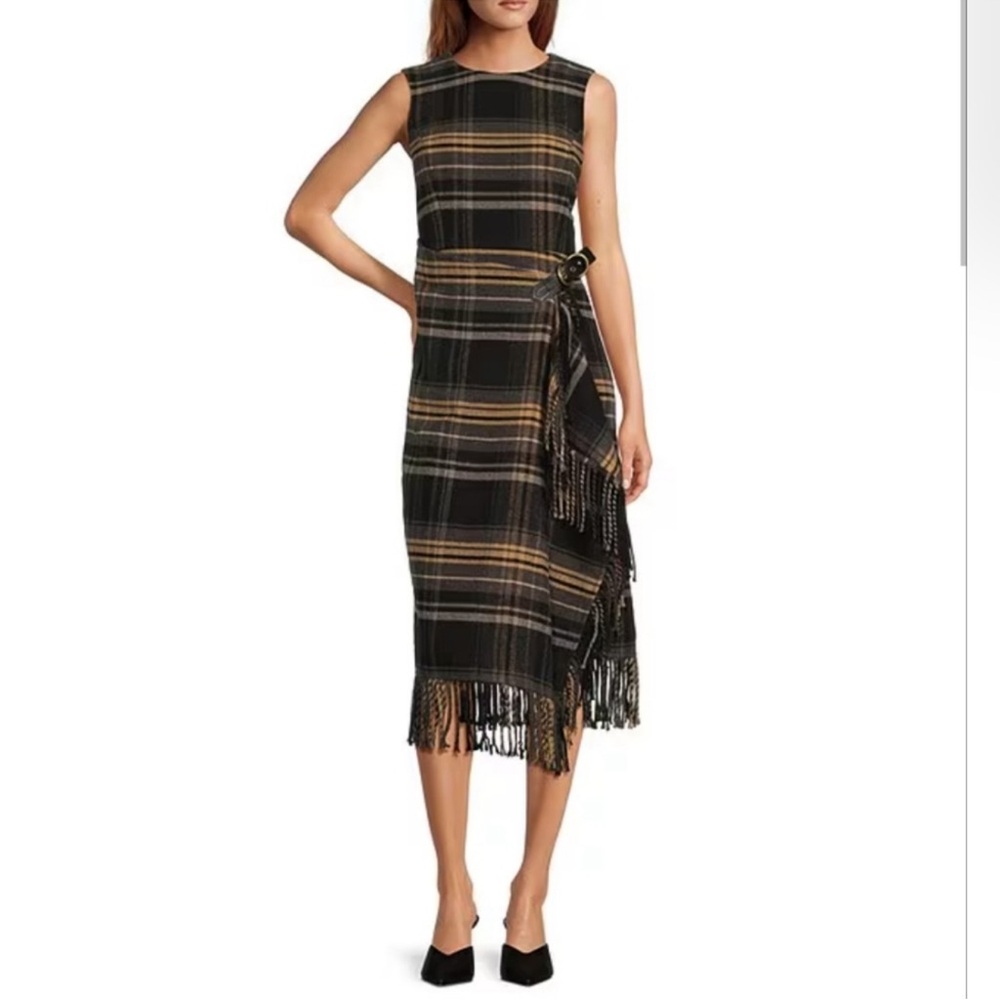 ANTONIO MELANI Tula Plaid Asymmetrical Wrap Fringe Midi Dress NWT Size 0
